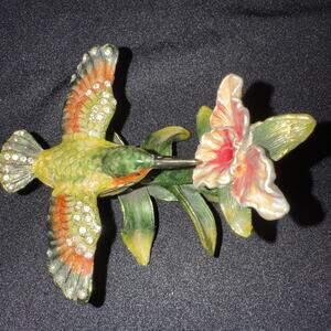 Hummingbird at Orchid Trinket Box Metal With Crystals